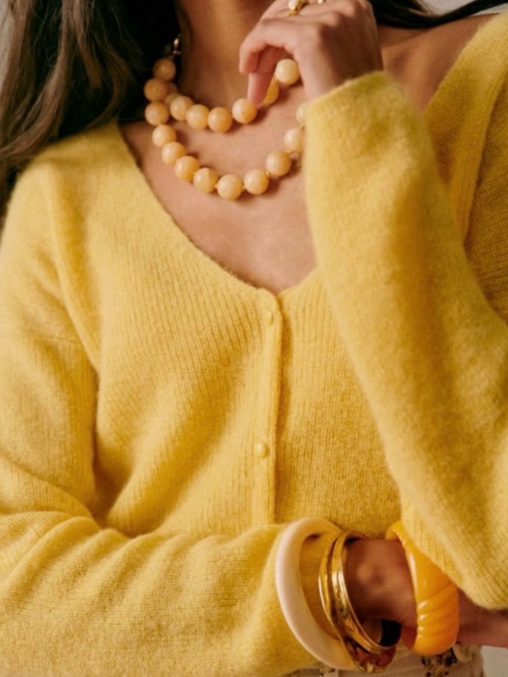 Sézane Barry Mohair Alpaca Blend Fuzzy V Neck Button Cardigan Sweater Yellow XS